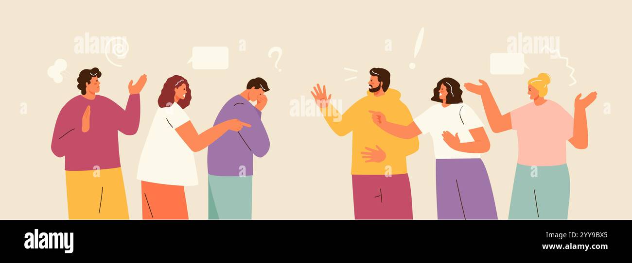 Gruppi aggressivi di persone litigano e gridano. Confronto e rivalità tra colleghi o team, conflitto tra vicini, disaccordi. VECTO Illustrazione Vettoriale