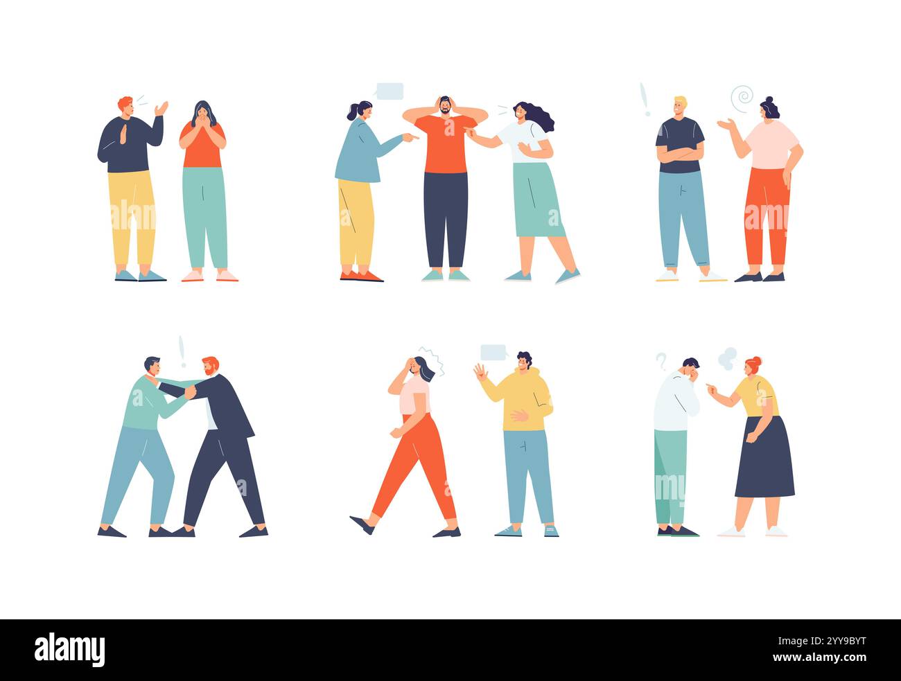 Le persone aggressive e insoddisfatte litigano e gridano l'un l'altra. Conflitto, confronto, risentimento. Set di caratteri vettoriali Illustrazione Vettoriale