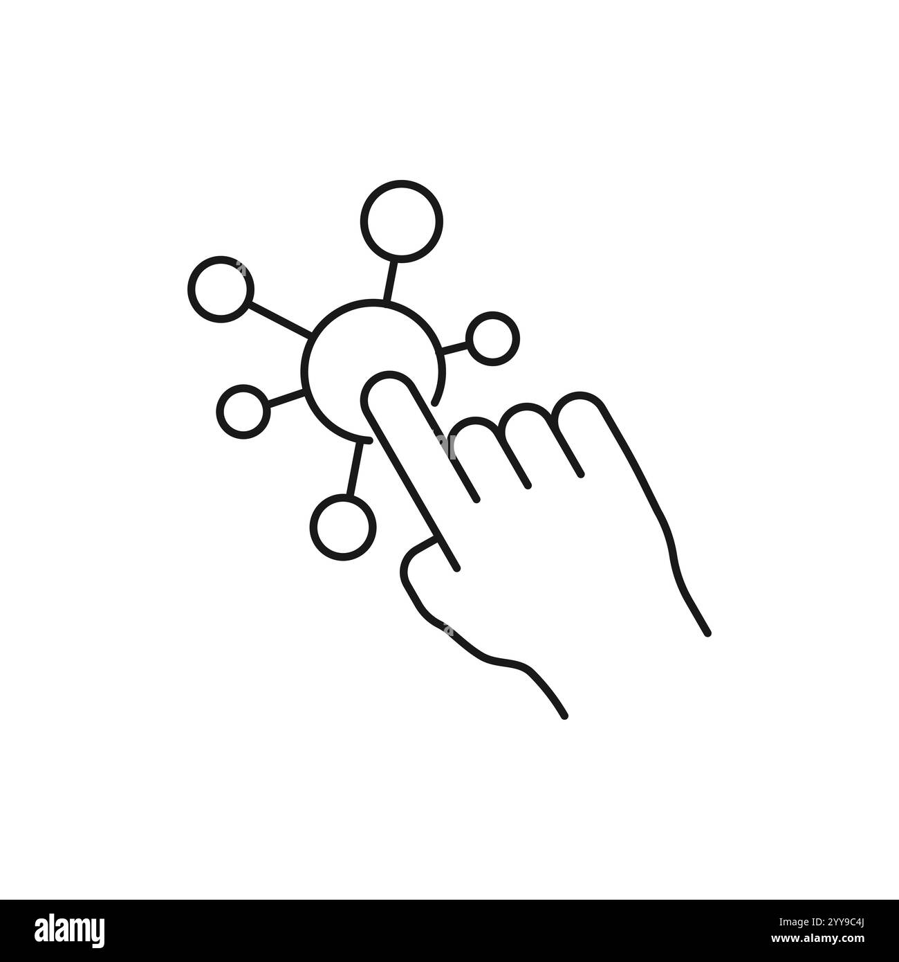 icona di interazione, semplice schermata interattiva con il pulsante clic del dito, concetto di tecnologia digitale, tocco utente qui, puntatore manuale, scelta di sviluppo v Illustrazione Vettoriale