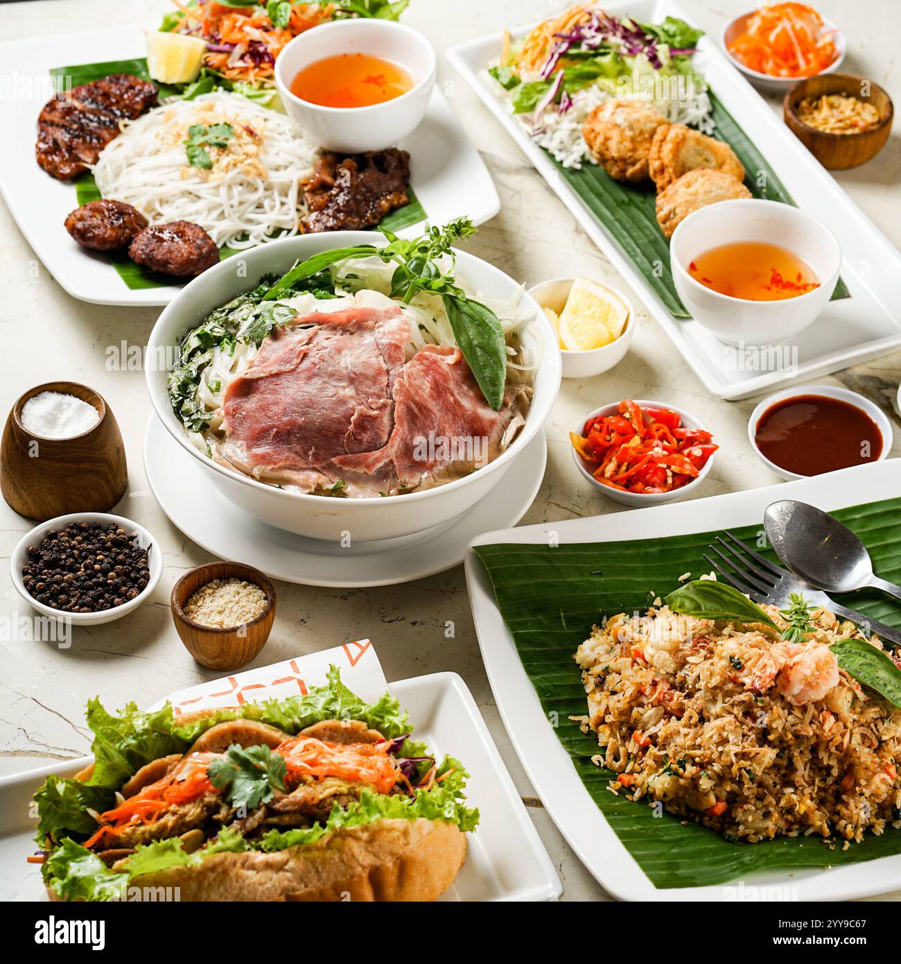 Una vera festa vietnamita 🇻🇳🍜! Dalla cottura a vapore al frizzante banh mi e al saporito riso fritto, questo piatto è una celebrazione dei sapori autentici e Foto Stock