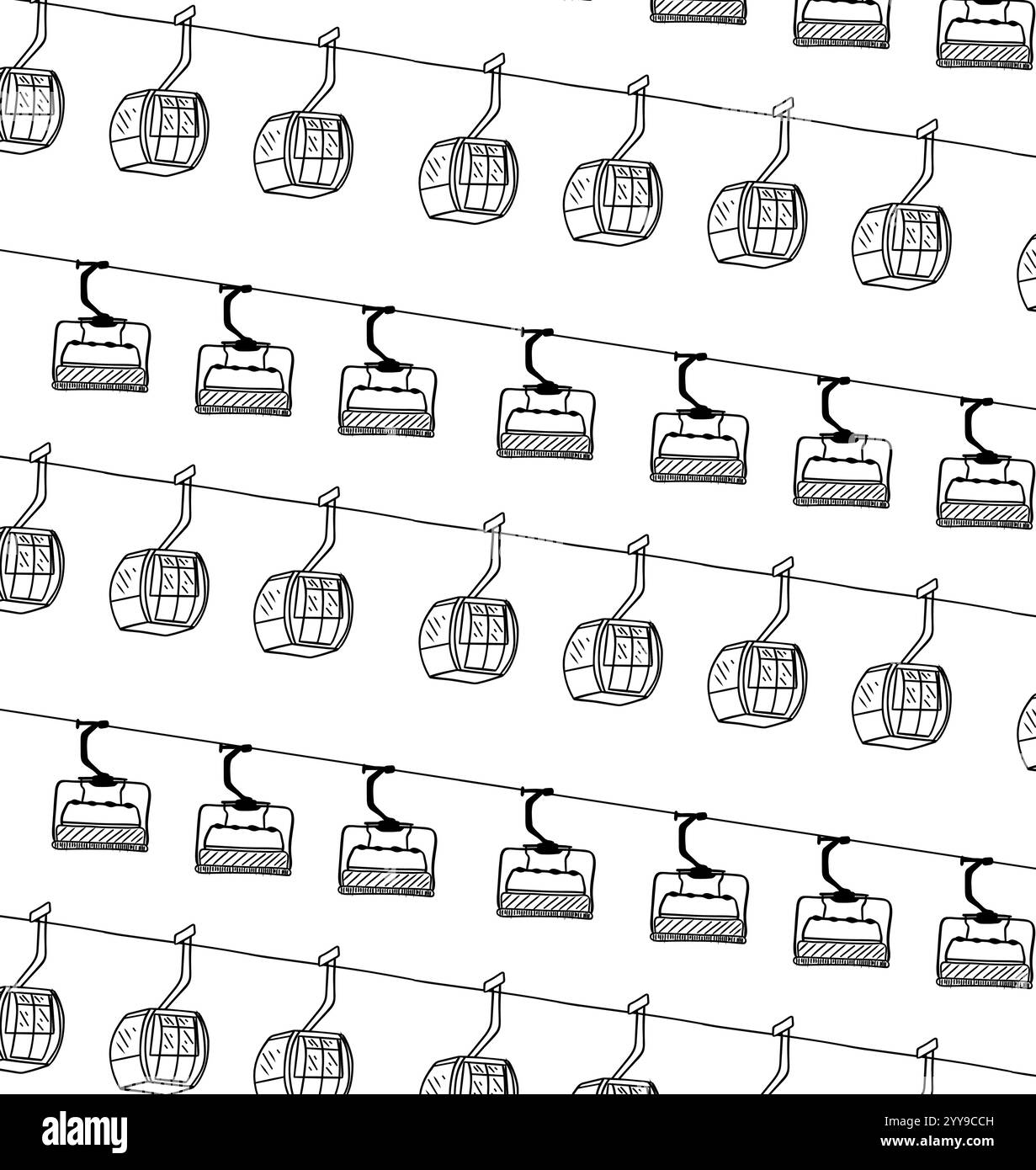 Funivie e montagne per bambini. Linea grafica vettoriale senza cuciture con montacarichi Illustrazione Vettoriale