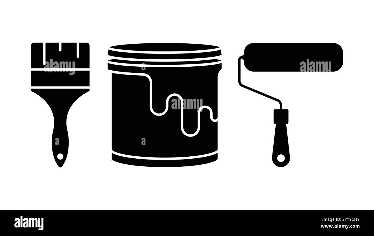 Set di strumenti di pittura con rullo, secchio e vettore icona pennello Illustrazione Vettoriale