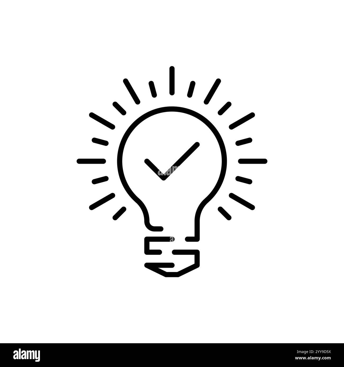 lampadina nera con segno di spunta come icona di suggerimento rapido. tratto piatto lineare tendenza semplice elemento di design logotipo di efficienza moderna isolato su bianco. concetto di Illustrazione Vettoriale