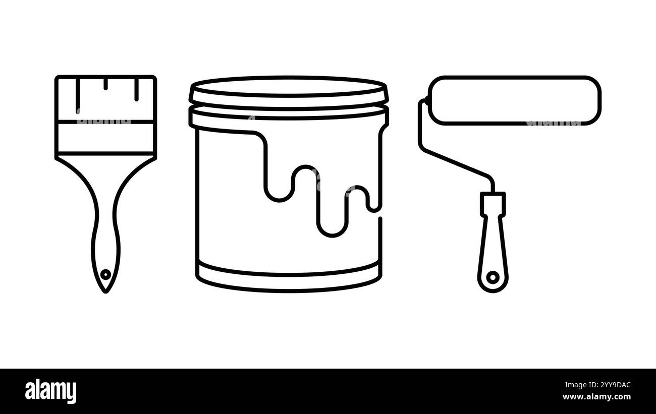 Set di strumenti di pittura con rullo, secchio e vettore icona pennello Illustrazione Vettoriale