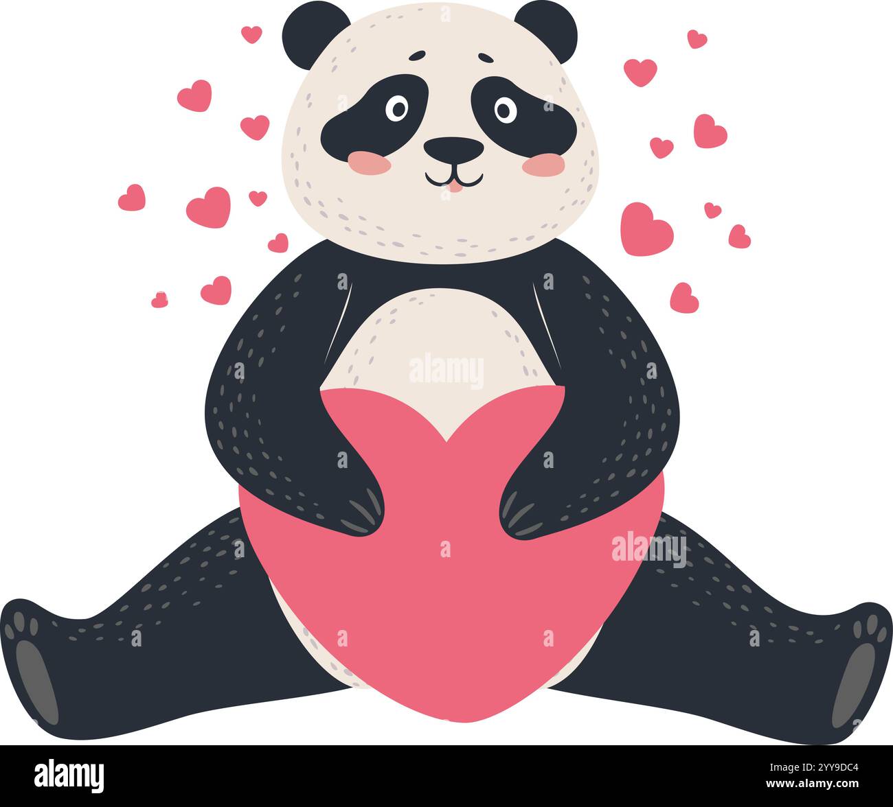 Adorabile panda che abbraccia un grande cuore rosa mentre piccoli cuori fluttuano intorno, creando una scena emozionante di amore e affetto, perfetto per San Valentino o per qualsiasi occasione che celebri l'amore Illustrazione Vettoriale