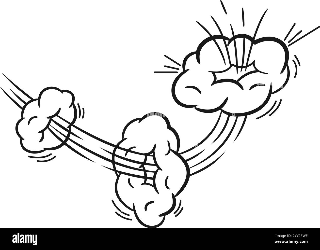 Le nuvole di cartoni animati disegnate a mano stanno esplodendo con linee di velocità ed effetto fumi, creando una grafica dinamica ed energica adatta a fumetti, animazioni o progetti di grafica Illustrazione Vettoriale
