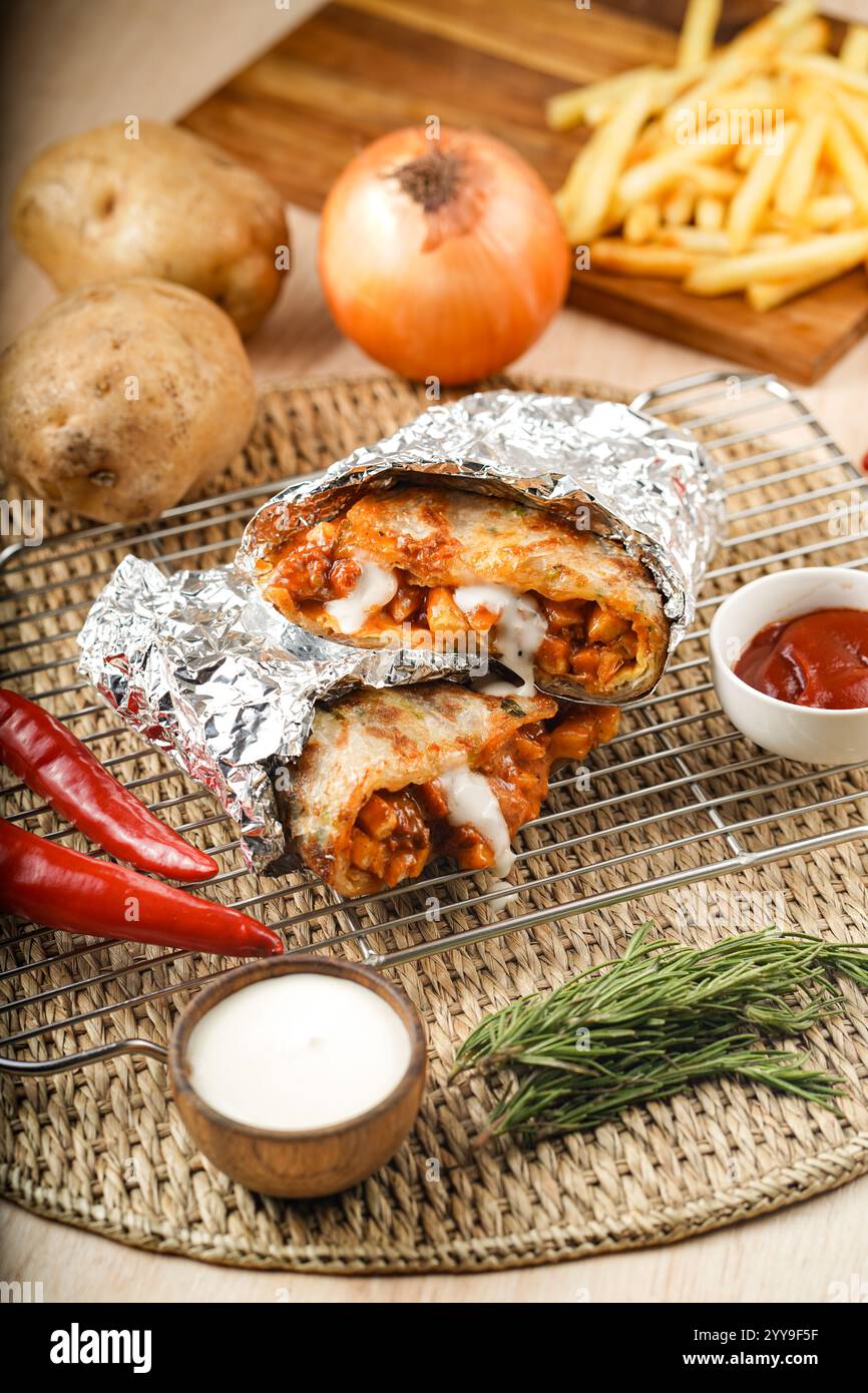 Primo piano di un'impasto di formaggio e salato ripieno in foglio di alluminio, ricco di ripieno e formaggio fuso, servito con peperoncino, rosmarino, salsa cremosa Foto Stock