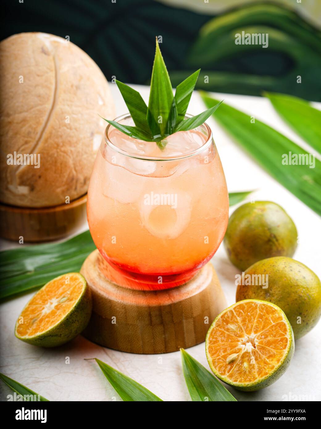 Rinfrescante tè nero freddo infuso con litchi dolce e guarnito con menta fresca, elegantemente presentato con tè a foglie sciolte e litchi intero Foto Stock