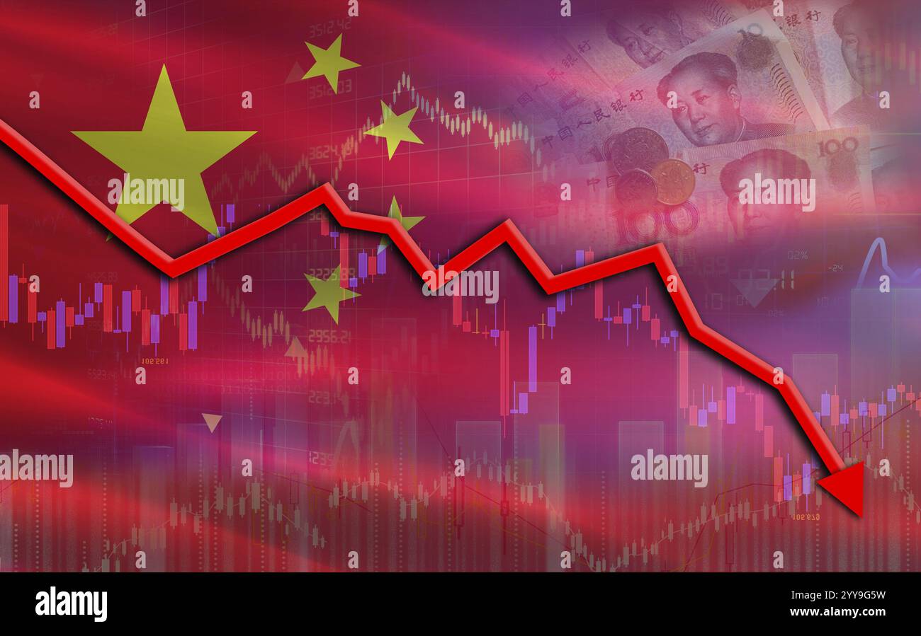 Calo finanziario della Cina sul mercato economico. Crisi finanziaria cinese sul grafico economico Foto Stock