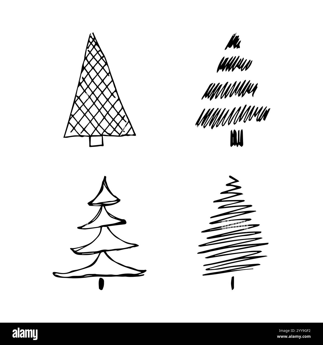 Alberi di Natale disegnati a mano. Set di quattro illustrazioni monocromatiche di abete. Elementi scarabocchi per le vacanze invernali. Illustrazione vettoriale Illustrazione Vettoriale