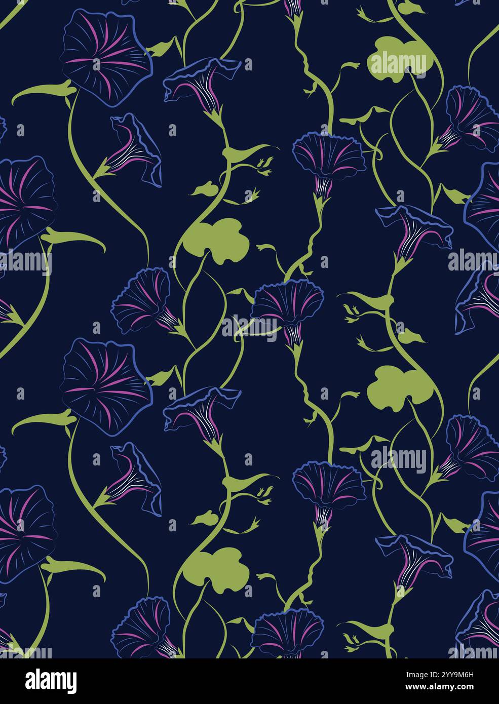 Gloria mattutina motivo floreale, motivo vettoriale tropicale senza cuciture con fiori e foglie di gloria mattutina sullo sfondo. Esotico tropicale senza cuciture vettoriale Illustrazione Vettoriale