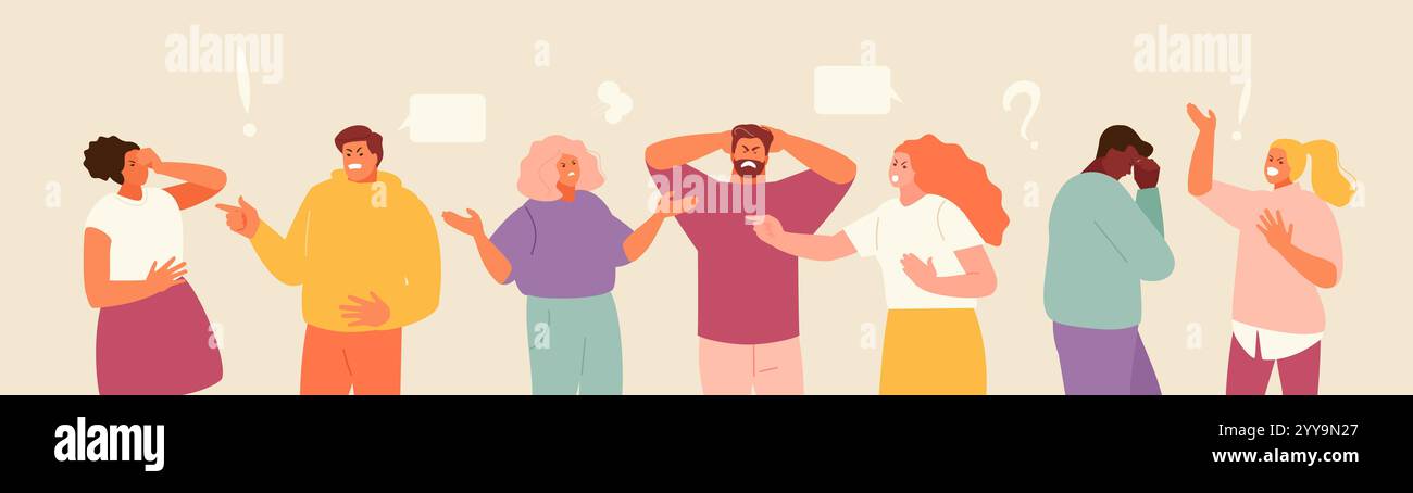Persone arrabbiate e insoddisfatte urlano e discutono in modo aggressivo. Conflitto, litigi, problemi di relazione Illustrazione Vettoriale