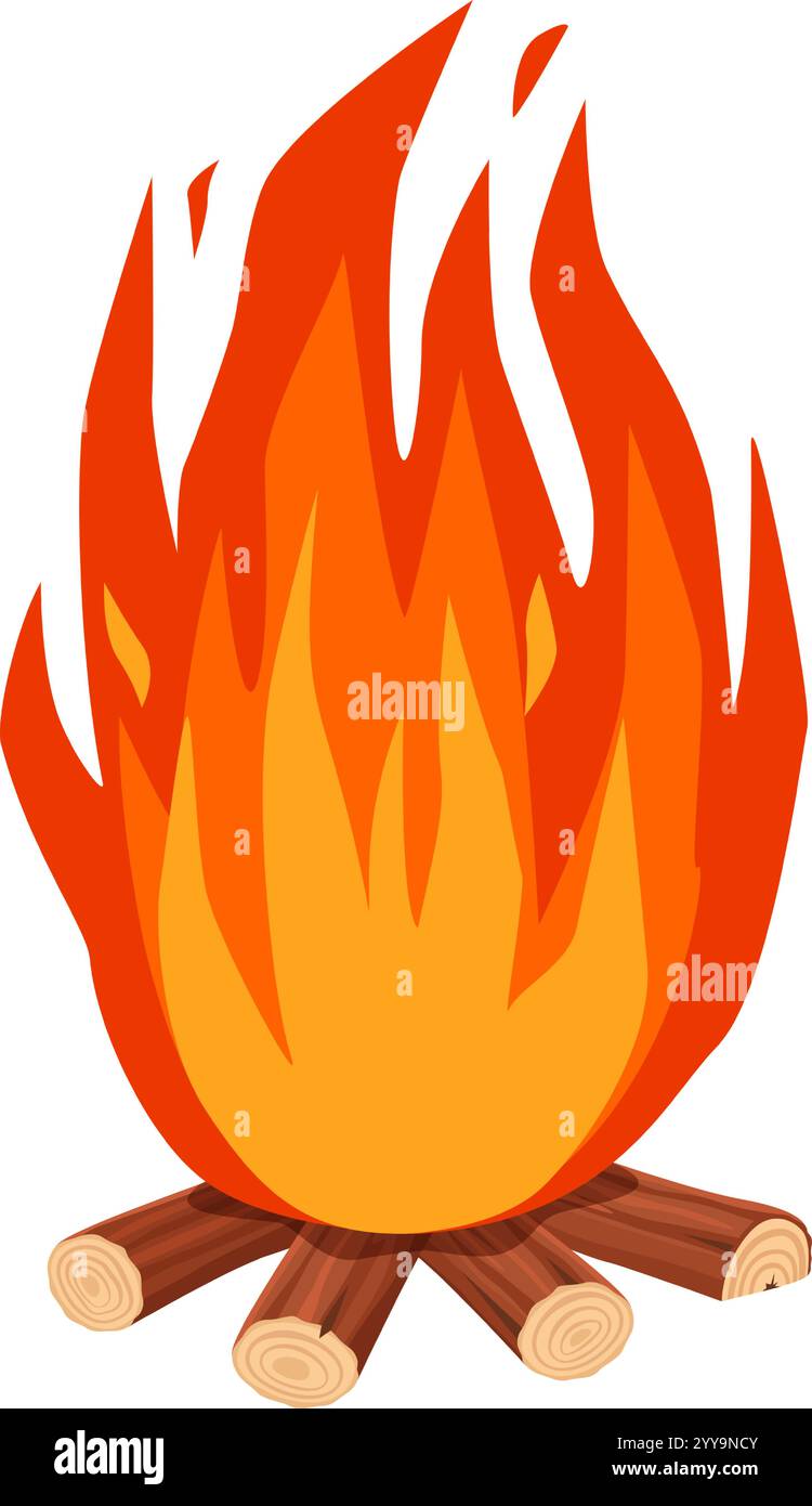 Falò acceso con fiamme accese su tronchi di legno impilati, su uno sfondo bianco pulito, perfetto per catturare l'essenza del campeggio, dell'avventura e delle esperienze all'aria aperta Illustrazione Vettoriale