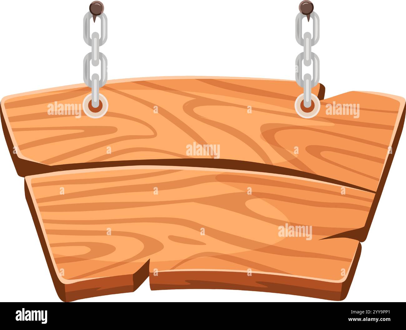 Insegna in legno a due parti appesa a catene metalliche, fissata con chiodi su sfondo bianco, che offre ampio spazio per testo o grafica personalizzati e migliora vari progetti di progettazione Illustrazione Vettoriale