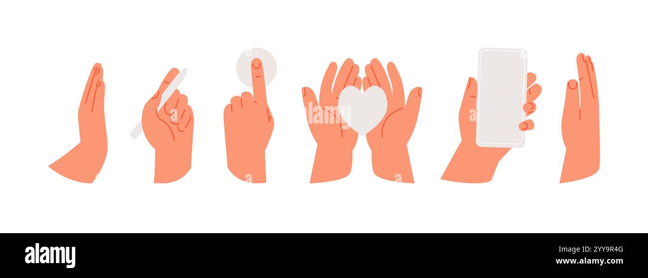 Raccolta mani in varie posizioni. Saluto, scrittura, tenere uno smartphone, toccare i gesti umani Illustrazione Vettoriale