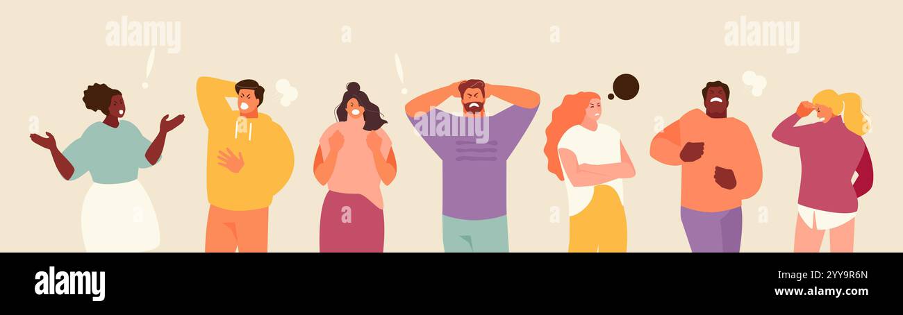 Persone che soffrono di stress e rabbia. Emozioni negative e illustrazione del vettore di frustrazione Illustrazione Vettoriale