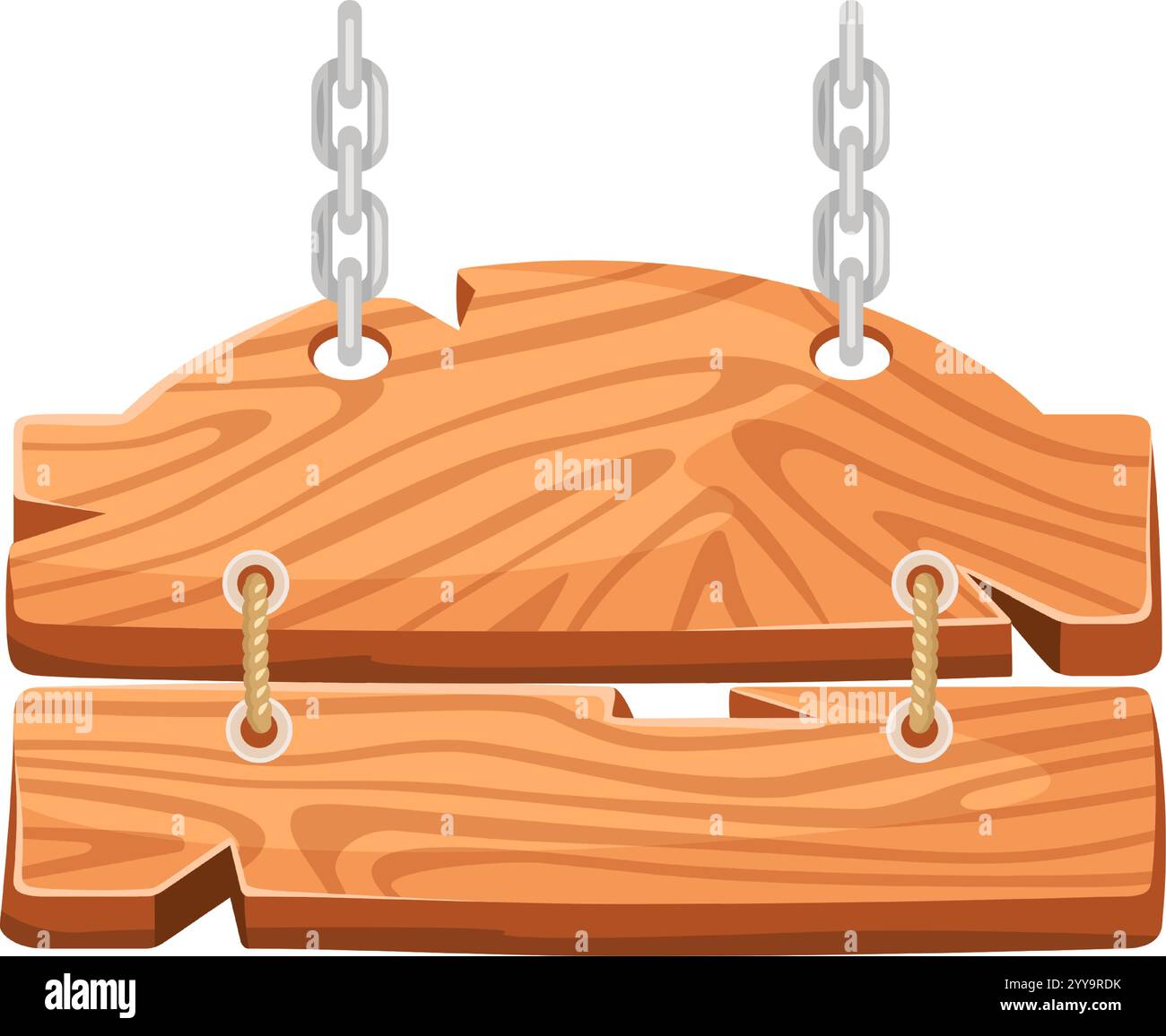 Due tavole di legno marrone chiaro appese a catene e corde metalliche, che formano un segno rustico e affascinante, perfetto per la visualizzazione di messaggi o annunci Illustrazione Vettoriale