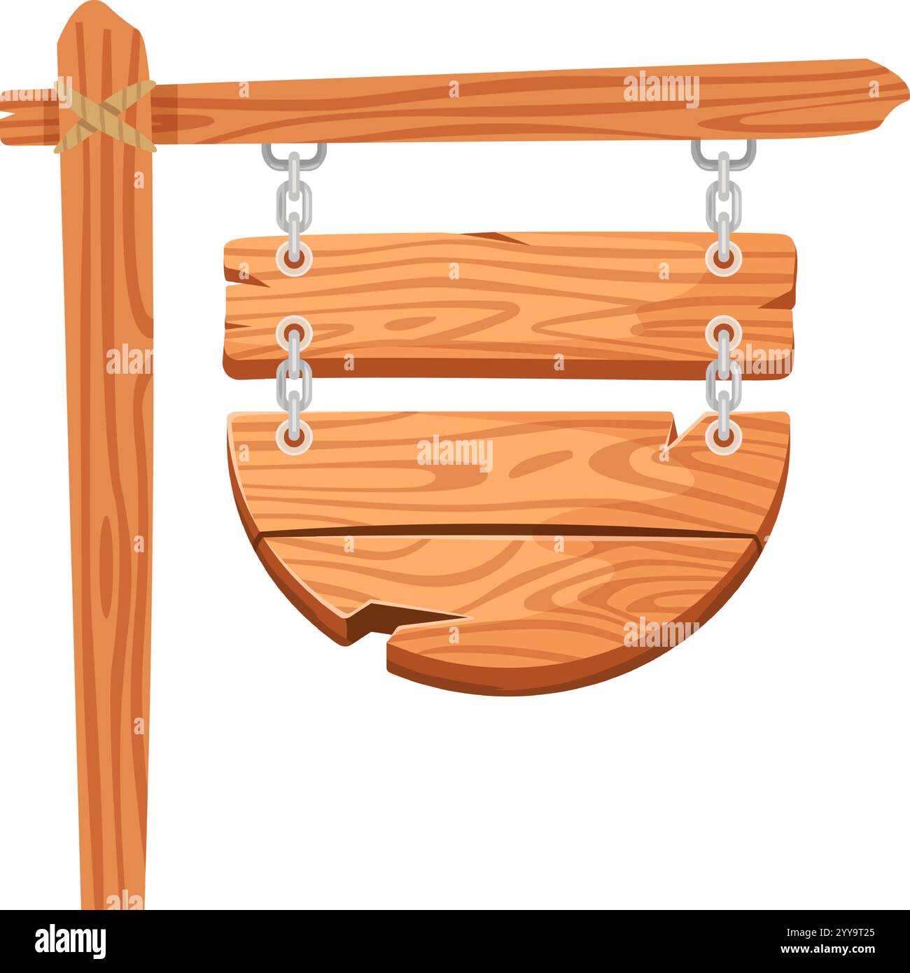 Insegna in legno realizzata con tavole, con forma a semicerchio, appesa a un palo in legno con catene e fune, ideale per trasportare pubblicità o fornire indicazioni Illustrazione Vettoriale