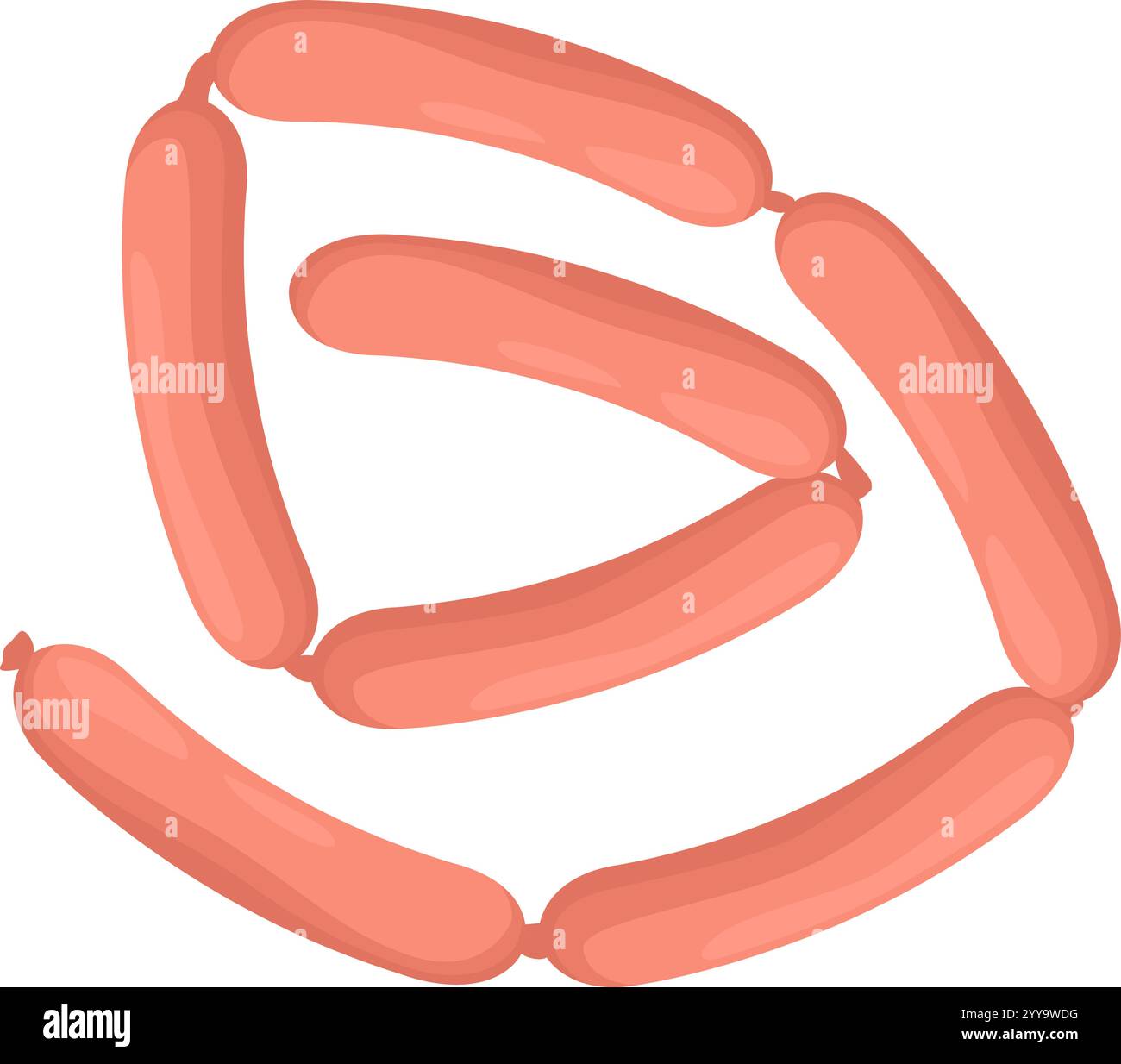 Le salsicce sono disposte in un motivo circolare, creando un design visivamente accattivante su uno sfondo bianco pulito, ideale per mostrare prodotti alimentari o concetti culinari Illustrazione Vettoriale