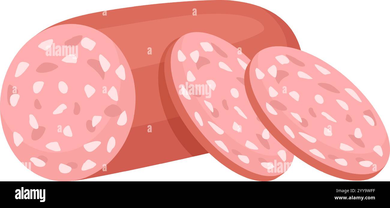 Salsiccia intera con fette che rivelano una trama intricata della carne, ideale per mettere in risalto i prodotti alimentari o per illustrare vari concetti e piatti culinari Illustrazione Vettoriale