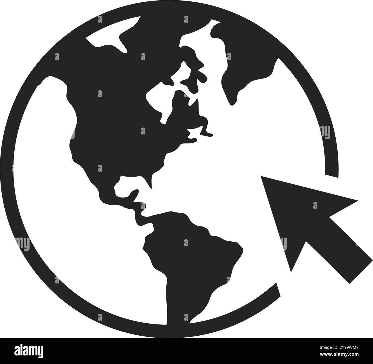 Il cursore del mouse fa clic sulla sezione Americhe di un globo, simboleggiando la connettività Internet globale, la comunicazione perfetta e l'accesso online diffuso in tutti i continenti Illustrazione Vettoriale