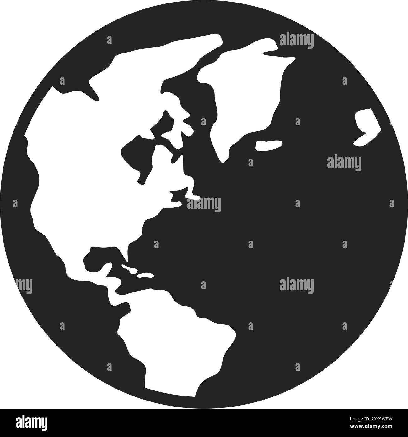Globo terrestre con continenti stilizzati in bianco e nero, focalizzato sul Nord e Sud America, che offre una rappresentazione semplice ma di grande impatto del nostro pianeta Illustrazione Vettoriale