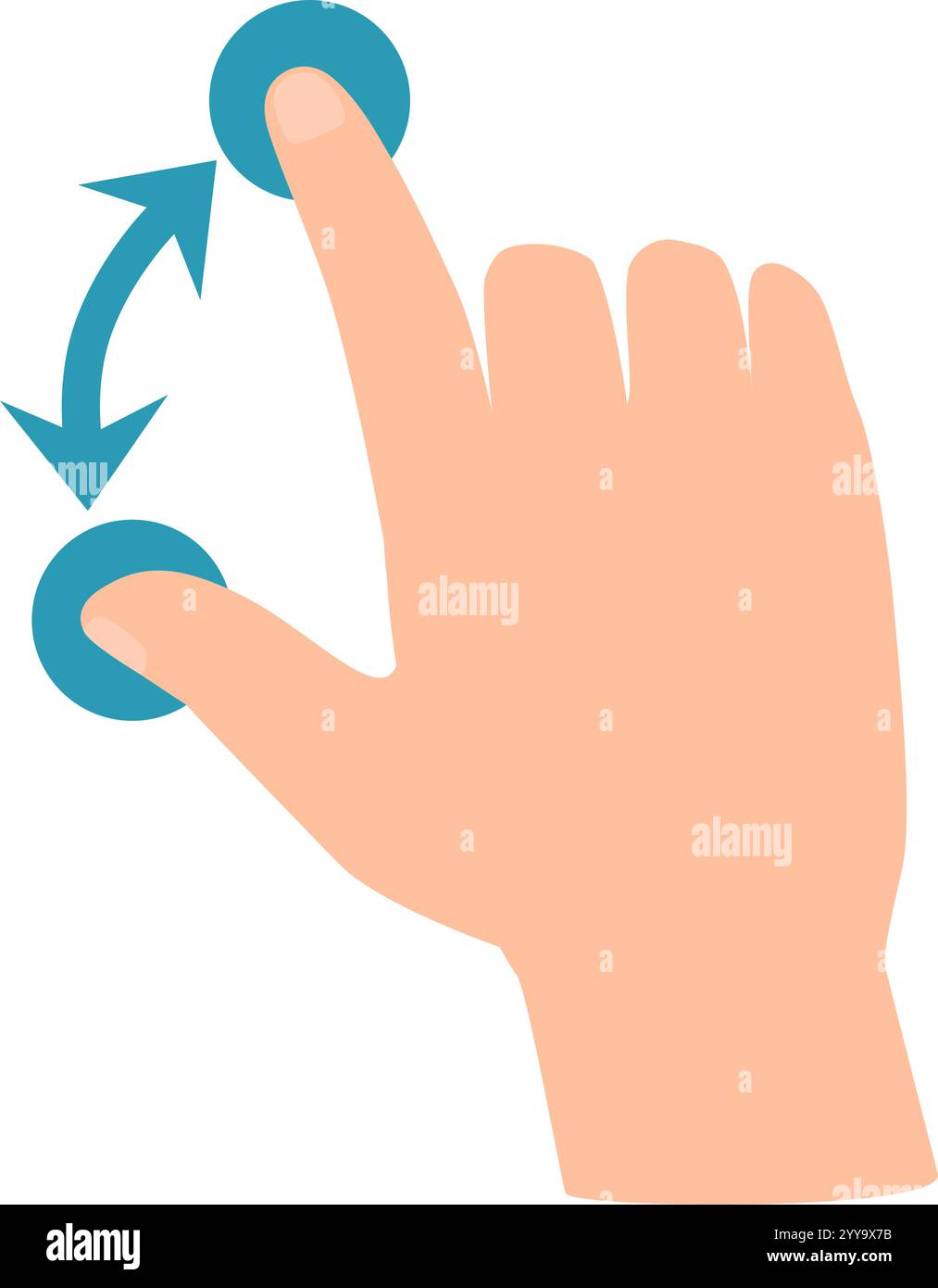 Scorrimento a mano di un cartoni animati su un touchscreen con un indice, accompagnato da due frecce che indicano la direzione del movimento, simboleggiando l'interazione dell'utente con i dispositivi digitali Illustrazione Vettoriale