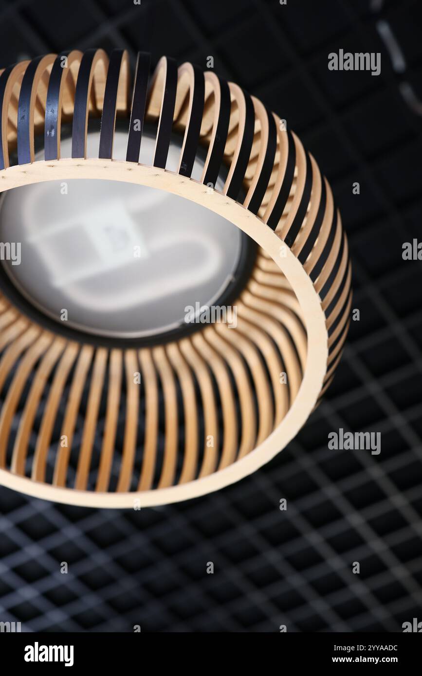 Scoprite l'innovativo design a sospensione in legno, perfetto per interni ed estetici moderni Foto Stock