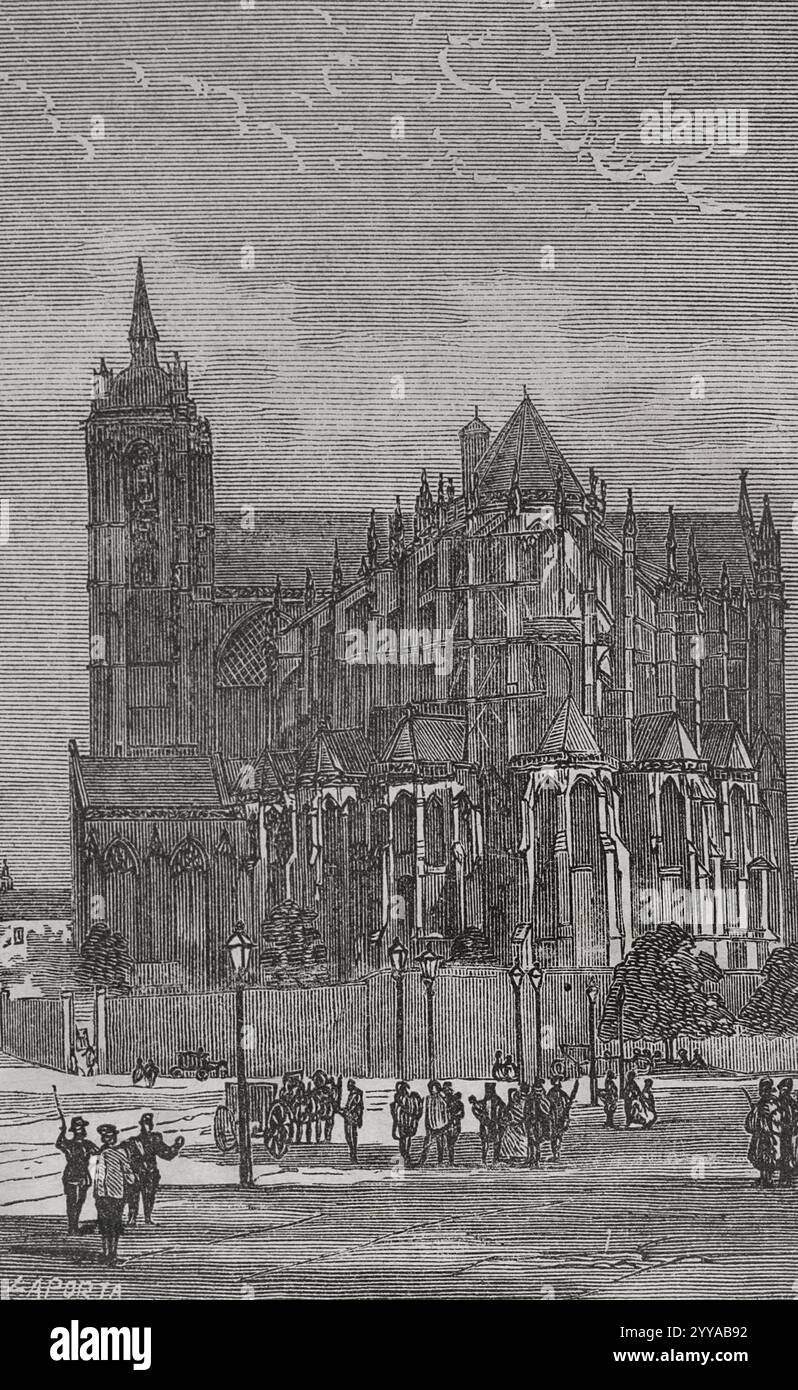 Le Mans, Francia. Cattedrale di San Giuliano di le Mans (Cathédrale Saint-Julien du Mans). Vista generale dell'esterno. Incisione di Laporta, 1870. Foto Stock