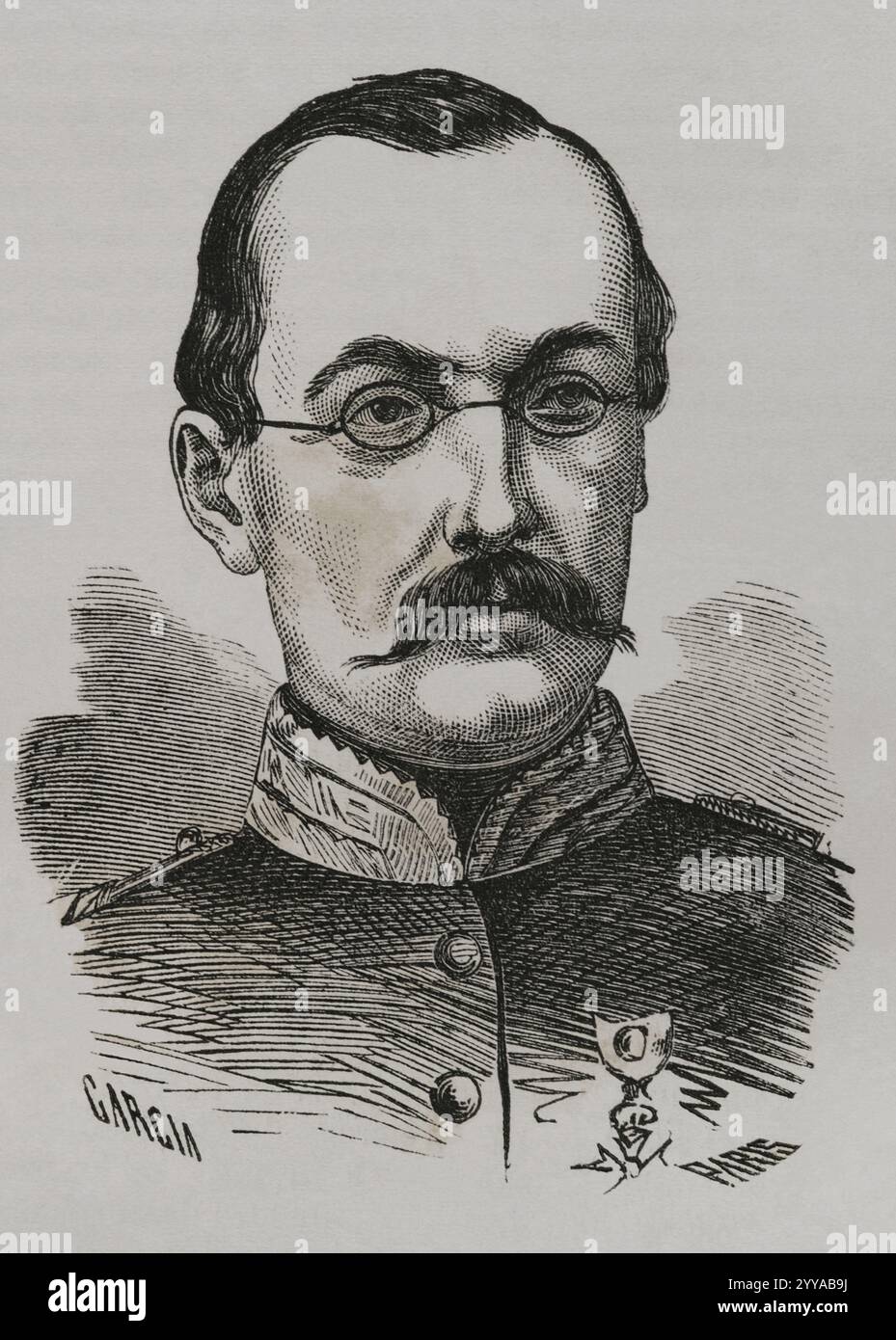 Louis Faidherbe (Louis Léon César Faidherbe) (1818-1889). Generale francese e amministratore coloniale. Governatore del Senegal (1854-1861, 1863-1865). Comandò l'Armata del Nord durante la guerra franco-prussiana del 1870-1871. Verticale. Disegno di García. Incisione di París. Historia de la Guerra de Francia y Prusia (storia della guerra tra Francia e Prussia). Volume I. pubblicato a Barcellona, 1870. Foto Stock