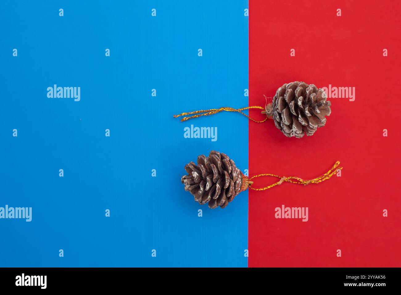 Eleganti coni di pino marrone adornati con anse dorate, posti su un doppio sfondo blu e rosso vibrante. ideale per temi stagionali e decorativi Foto Stock