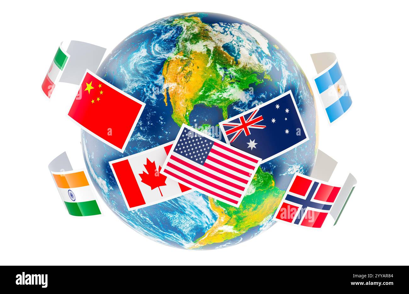 Bandiere intorno al globo terrestre. Comunicazione globale internazionale, concetto. Rendering 3D isolato su sfondo bianco Foto Stock