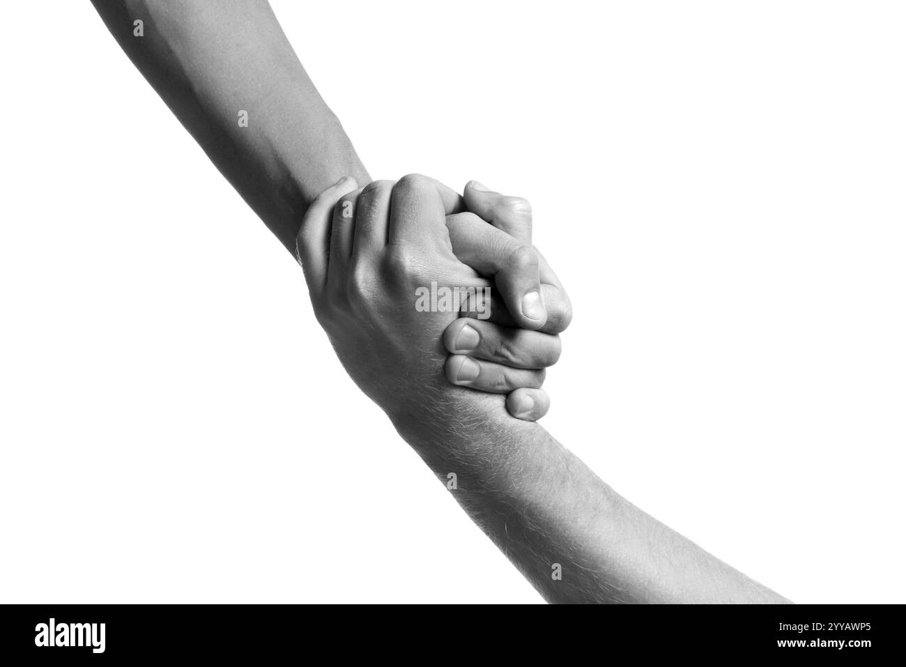 Aiuto e supporto. Gente che tiene le mani su sfondo bianco, primo piano. Tonificato in bianco e nero Foto Stock