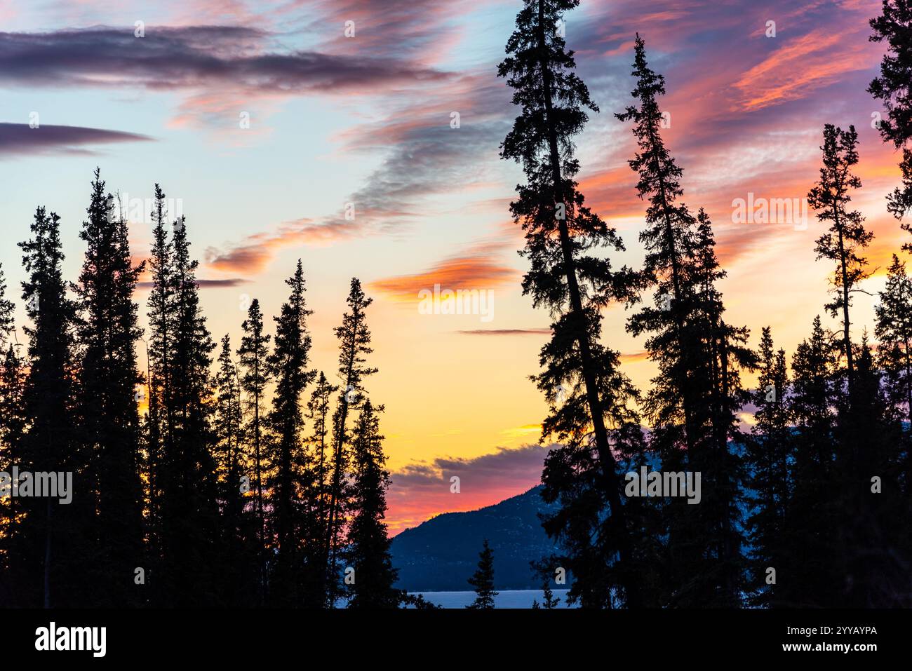 Splendido tramonto colorato visto in primavera dal Canada settentrionale con meravigliosi colori rosa, viola, arancione e giallo brillanti e vivaci. Foto Stock