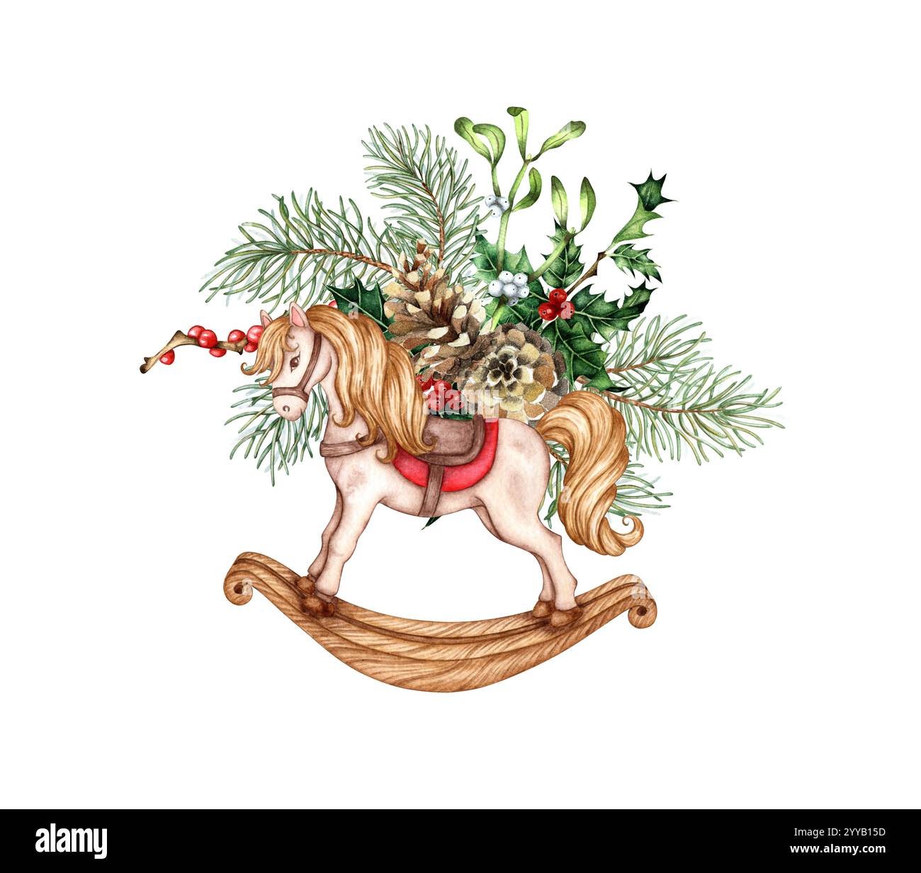 Giocattolo a dondolo con rami di abete, coni di pino, agrifoglio, pelo, acquerello di bacche. Animali d'epoca isolati per l'intrattenimento dei bambini Foto Stock