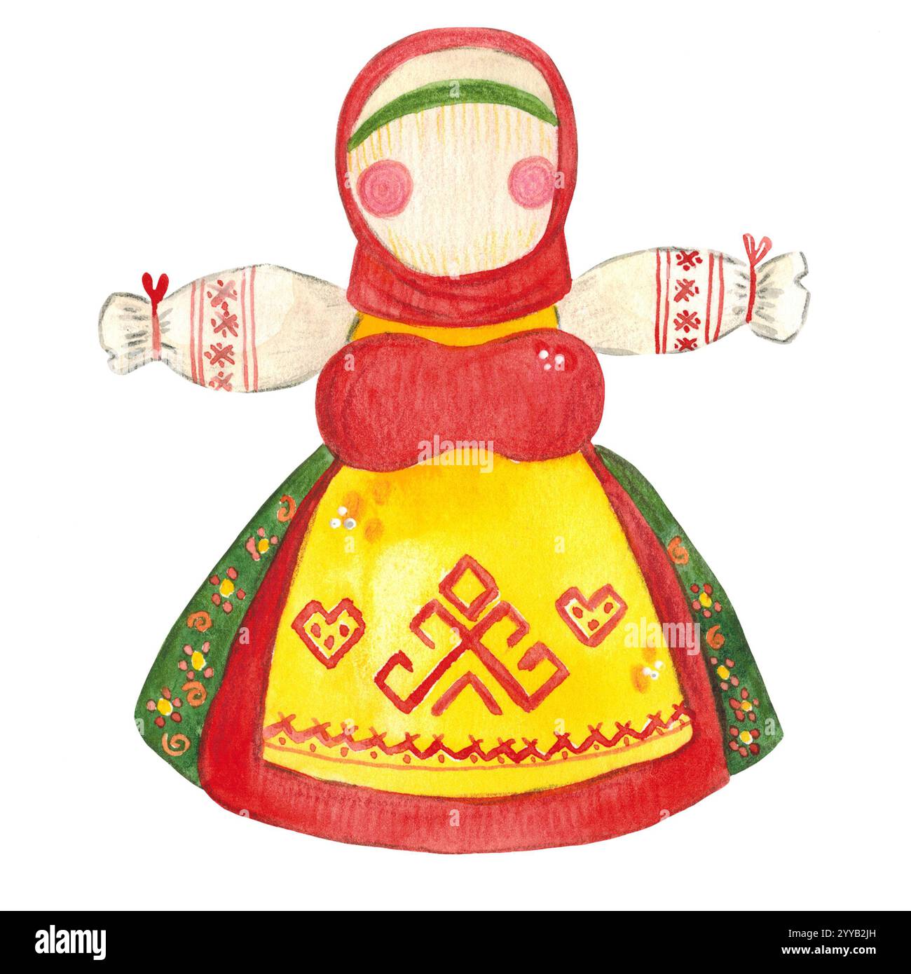 Isolare la bambola rituale. Illustrazione ad acquerello disegnata a mano. Maslenitsa Holiday, Shrovetide, carnevale, Maslenitsa, Mardi Gras, martedì grasso, pancake wee Foto Stock