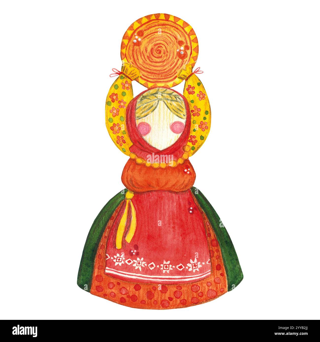 Isolare la bambola rituale con il sole. Illustrazione ad acquerello disegnata a mano. Maslenitsa Holiday, Shrovetide, carnevale, Maslenitsa, Mardi Gras, martedì grasso Foto Stock