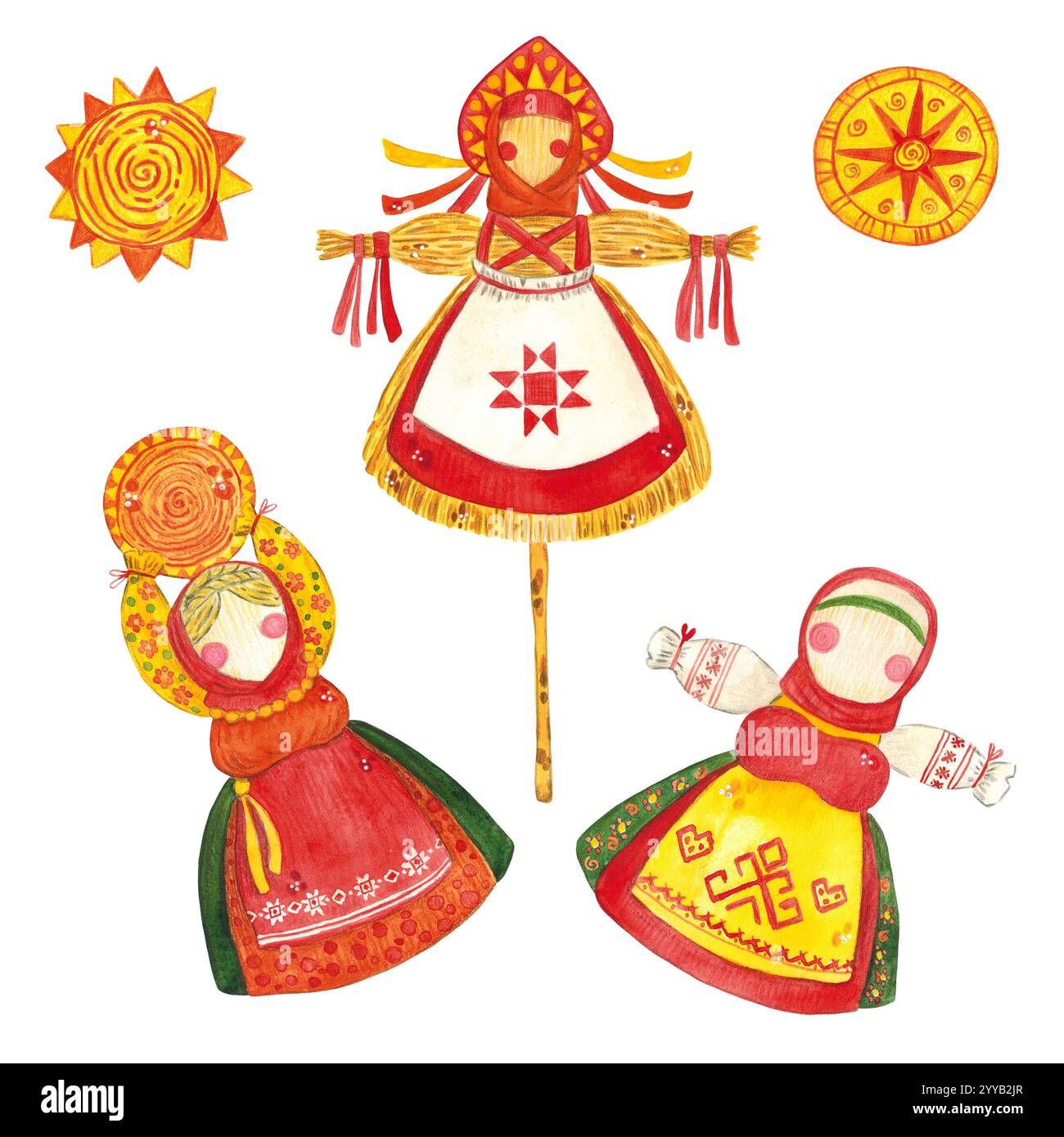 Un set di bambole rituali luminose per la vacanza Maslenitsa. Illustrazione ad acquerello disegnata a mano in stile cartone animato. Maslenitsa, brillante, cartoni animati, bambola, ribbo Foto Stock