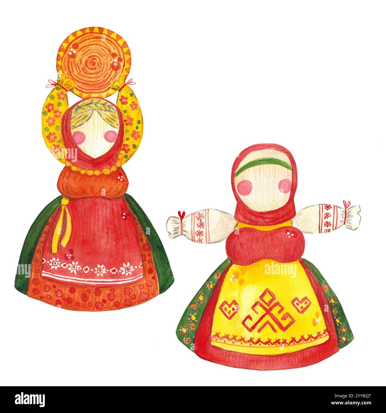 Un set di bambole rituali luminose per la vacanza Maslenitsa. Illustrazione ad acquerello disegnata a mano in stile cartone animato. Maslenitsa, brillante, cartoni animati, bambola, ribbo Foto Stock