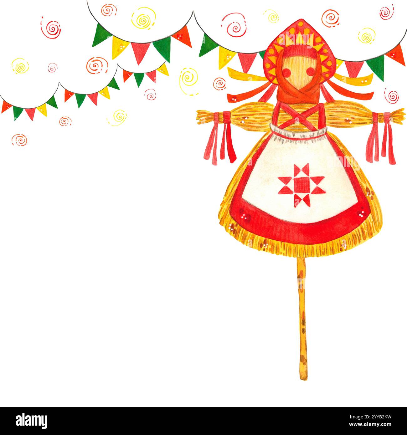 Illustrazione ad acquerello disegnata a mano. Bambola tradizionale rituale fatta di paglia. Maslenitsa, carnevale, festa, festa primaverile, tradizione, festeggiamenti, fl Foto Stock
