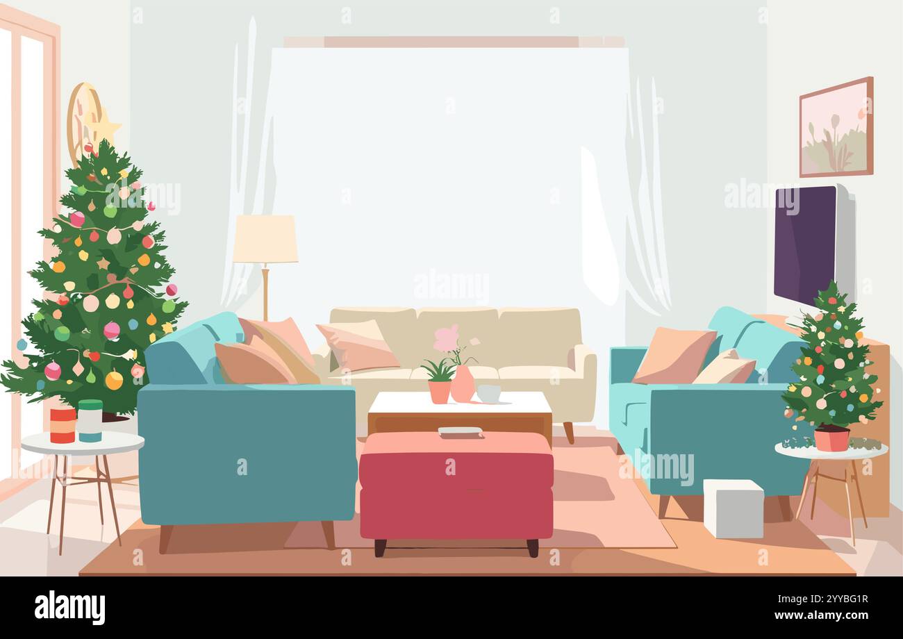 Interno del soggiorno decorato con l'albero di Natale Illustrazione Vettoriale