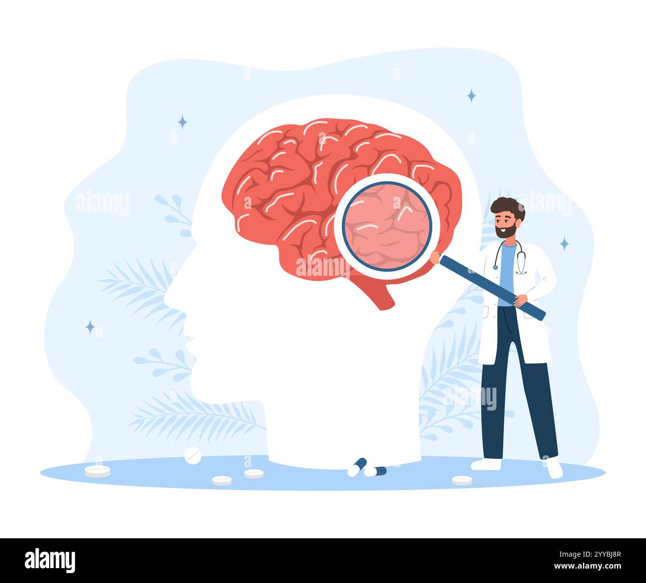 Concetto di neurologo. Uomo in uniforme medica con lente d'ingrandimento analizza organo interno. Ricercatore. Illustrazione vettoriale in un cartone animato piatto Illustrazione Vettoriale