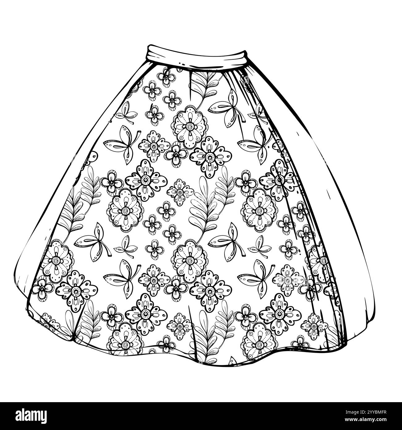 Abito tradizionale grembiule gonna di Tirolo, Alpi moda contadina sudamericana, ricami floreali. Illustrazione del vettore di inchiostro disegnato a mano Illustrazione Vettoriale