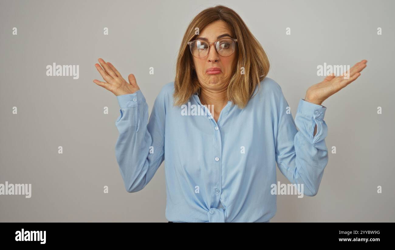 Donna che scappa con espressione confusa, indossa occhiali, camicia blu, isolata su una parete bianca, giovane e attraente, che trasmette incertezza o indiff Foto Stock