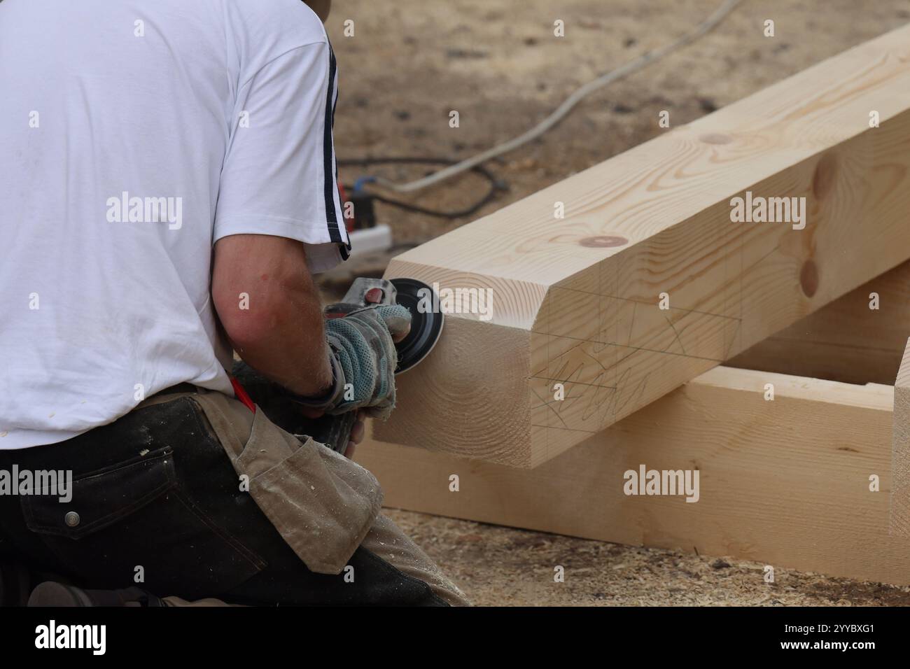 Un falegname altamente qualificato che si occupa di costruzioni in legno e di varie tecniche correlate Foto Stock