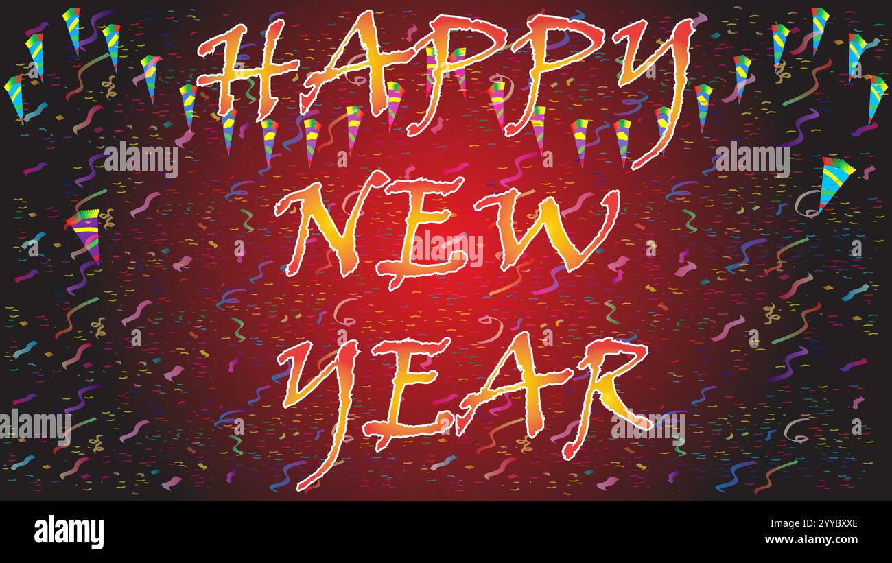 Felice anno nuovo testo arancione giallo con tema rosso e coriandoli Illustrazione Vettoriale