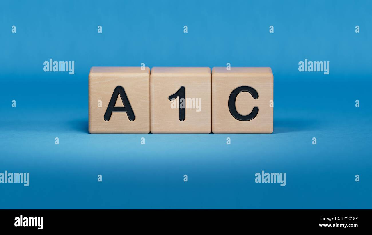 Testo A1C su cubi di legno, concetto medico. Primo piano di elementi in legno, concetto aziendale. Rendering 3D su sfondo blu. Foto Stock