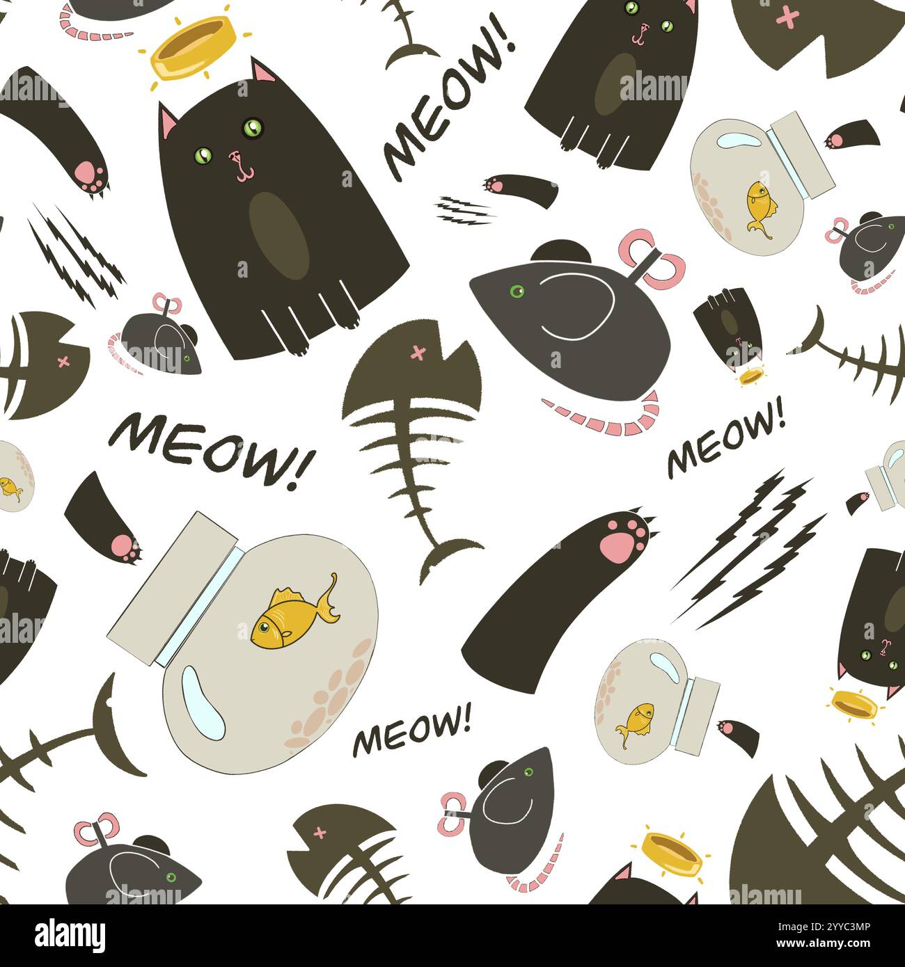 Zampe di gatto, pesce, topo e animale senza cuciture su sfondo bianco. Gatti disegnati a mano a cartoni animati in stile doodle. Il gatto divertente è la decorazione per i disegni. Foto Stock