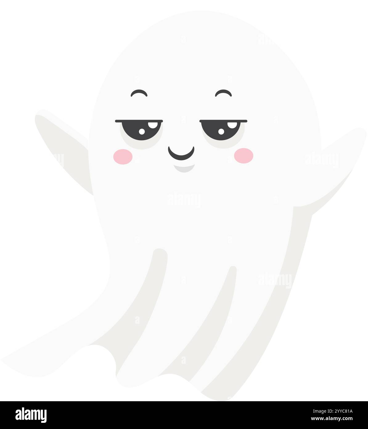 Adorabile fantasma dei cartoni animati con espressione sorridente e braccia sollevate, che galleggia su uno sfondo bianco, creando una scena di Halloween stravagante e giocosa Illustrazione Vettoriale