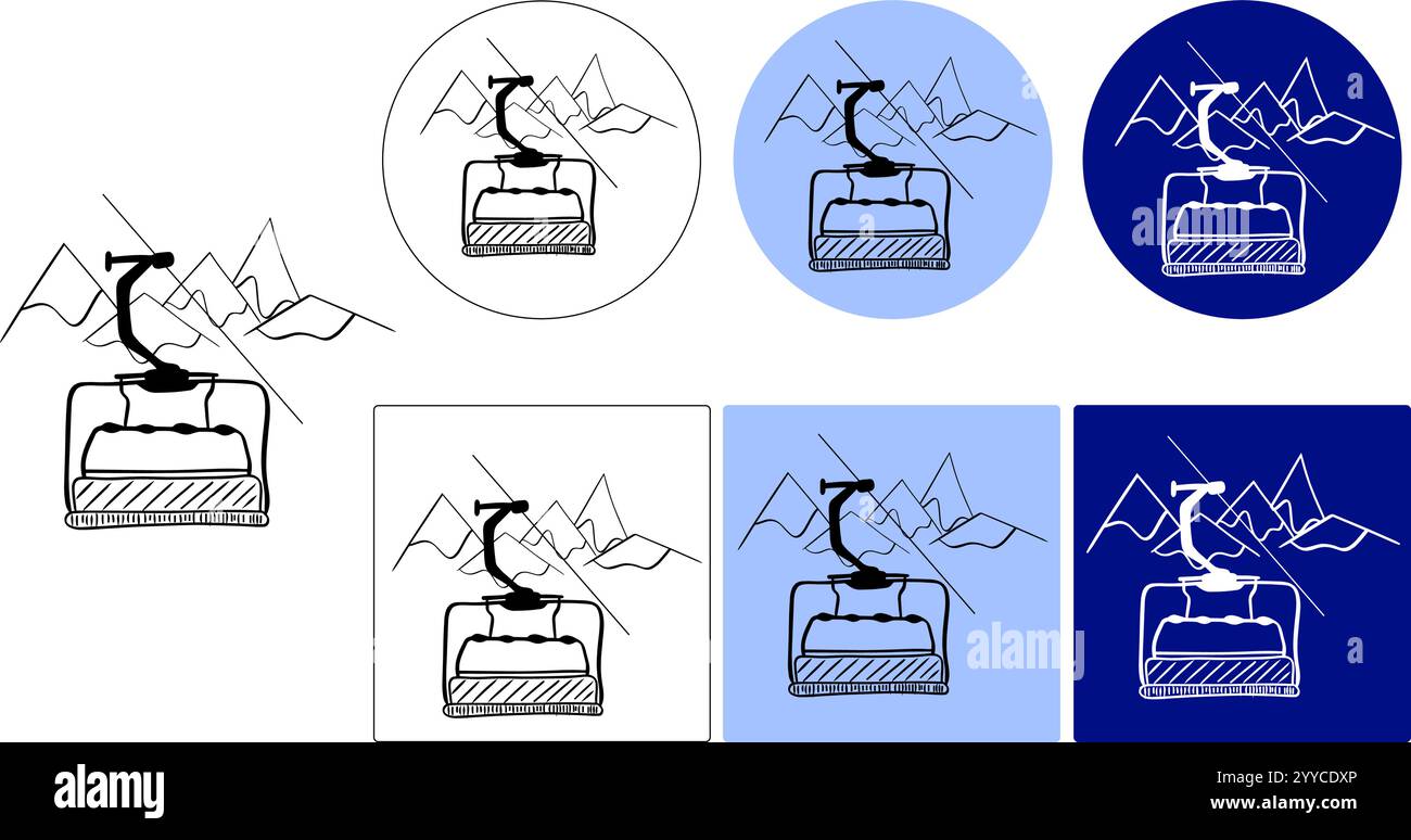 Logo della linea grafica degli impianti di risalita, stazione sciistica Vector, sport invernali, sci, snowboard, località di montagna, impianti di risalita, piste innevate, vacanza invernale, sci Illustrazione Vettoriale